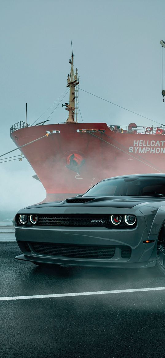 dodge challenger, dodge, sports car, car, ship, fog, port