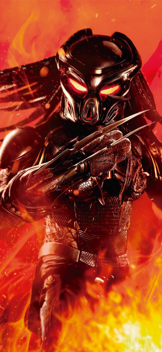 predator, movie, monster, mask, claws, fire, flame, art