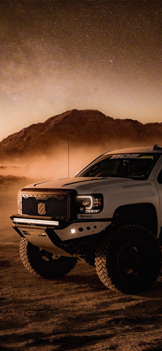 gmc sierra denali, suv, desert, mountains, stars, nature