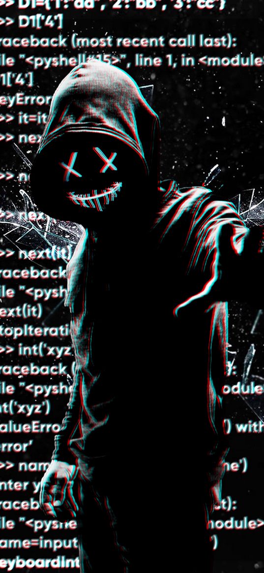 hacker, anonymous, mask, hoodie, neon, broken screen, code, black and white, art