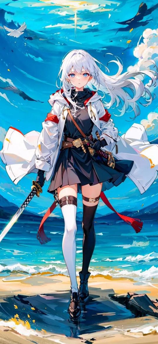 girl, anime, katana, sea