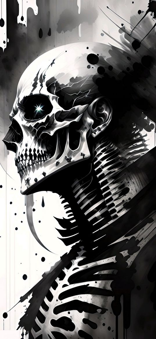 skeleton, skull, art, paint, spots, black and white