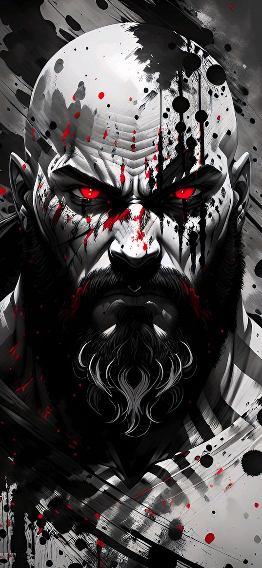 barbarian, red eyes, paint, art, black and white, dark