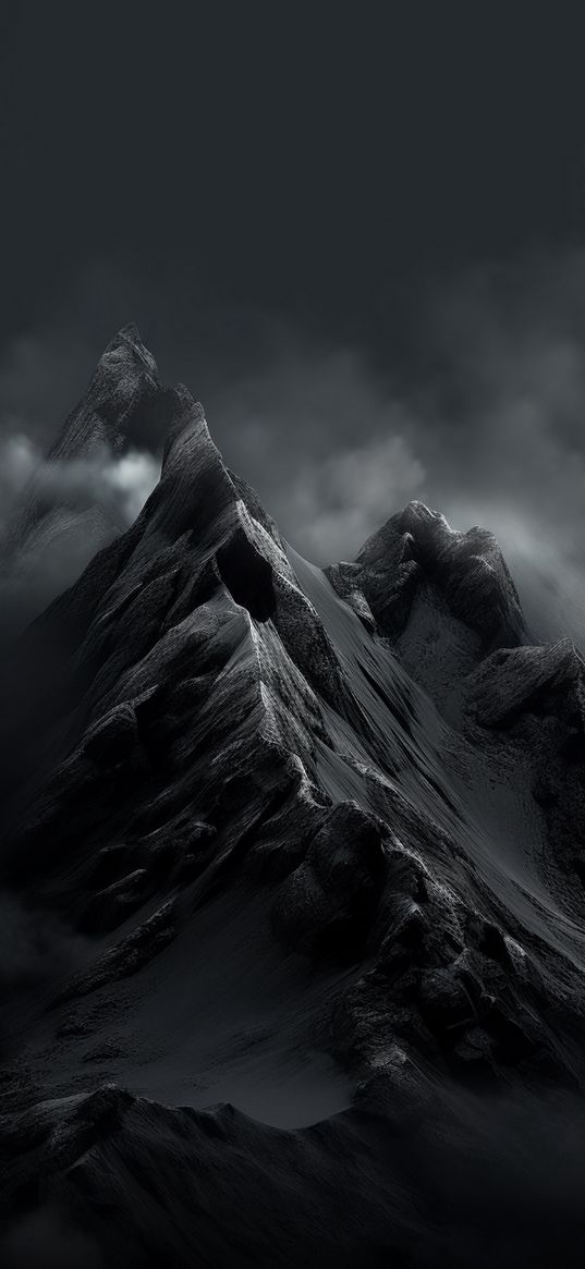 mountain, fog, black, grey, nature