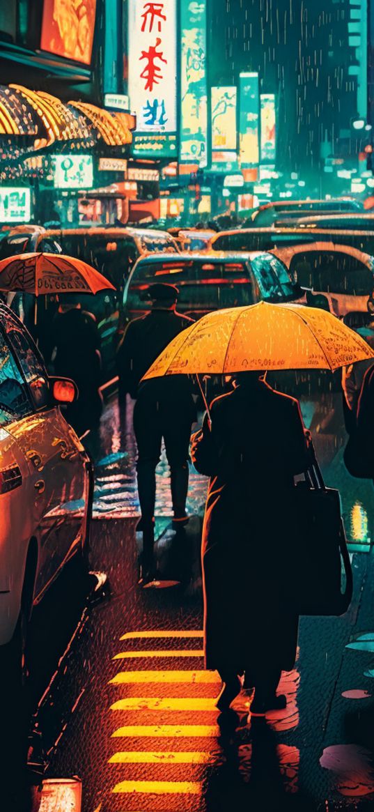 rain, city, cars, people, umbrella