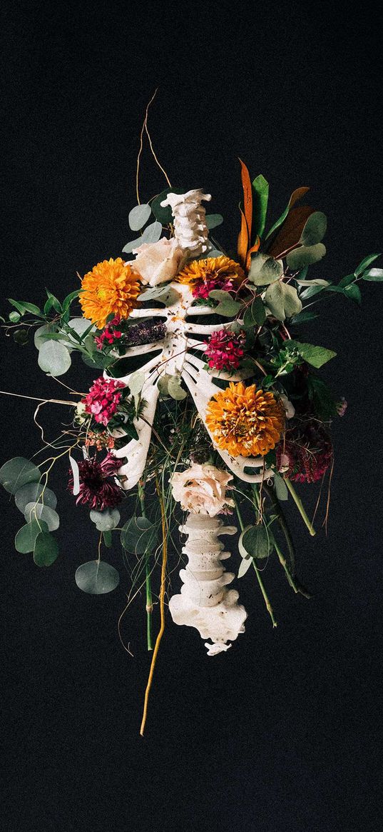 skeleton, flowers, art