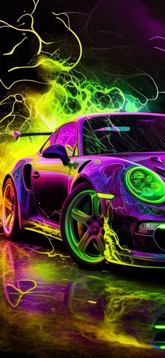 car, neon, glow, stripes, green, purple