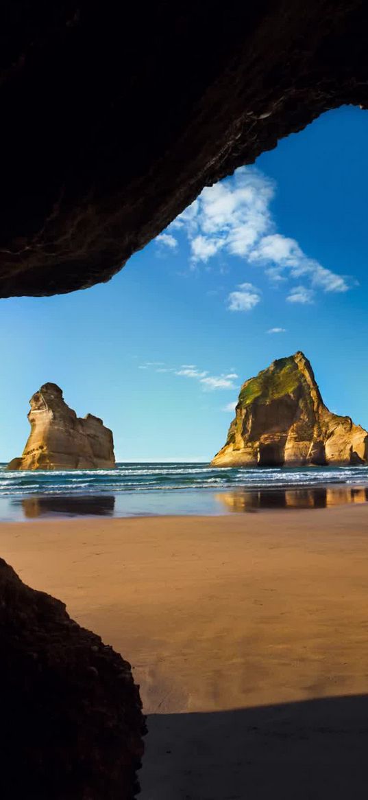 cave, coast, sea, rocks, blue sky, reflection, nature