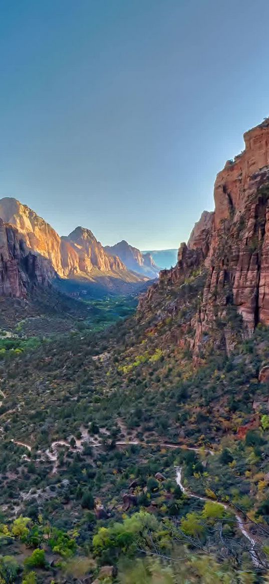 mountains, valley, trees, river, landscape