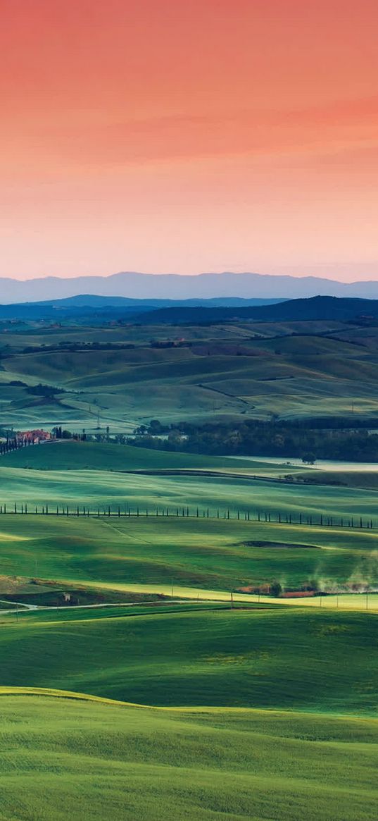 valley, houses, mountains, horizon, pink sky, landscape