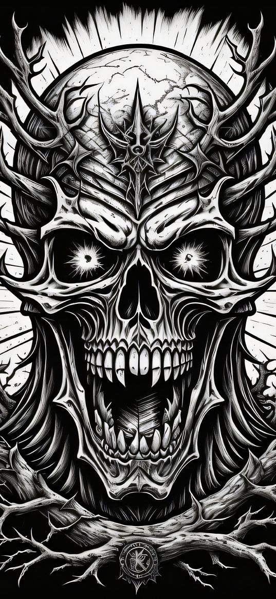 skull, skeleton, fangs, branches, horns, black, white