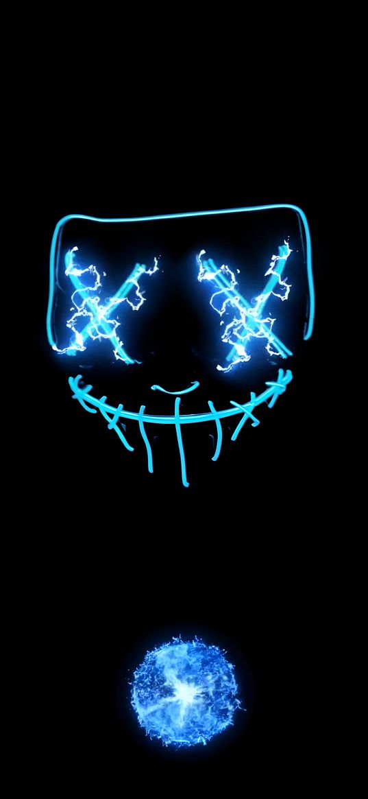 mask, crosses, neon, lightning, glow, ball, blue, black