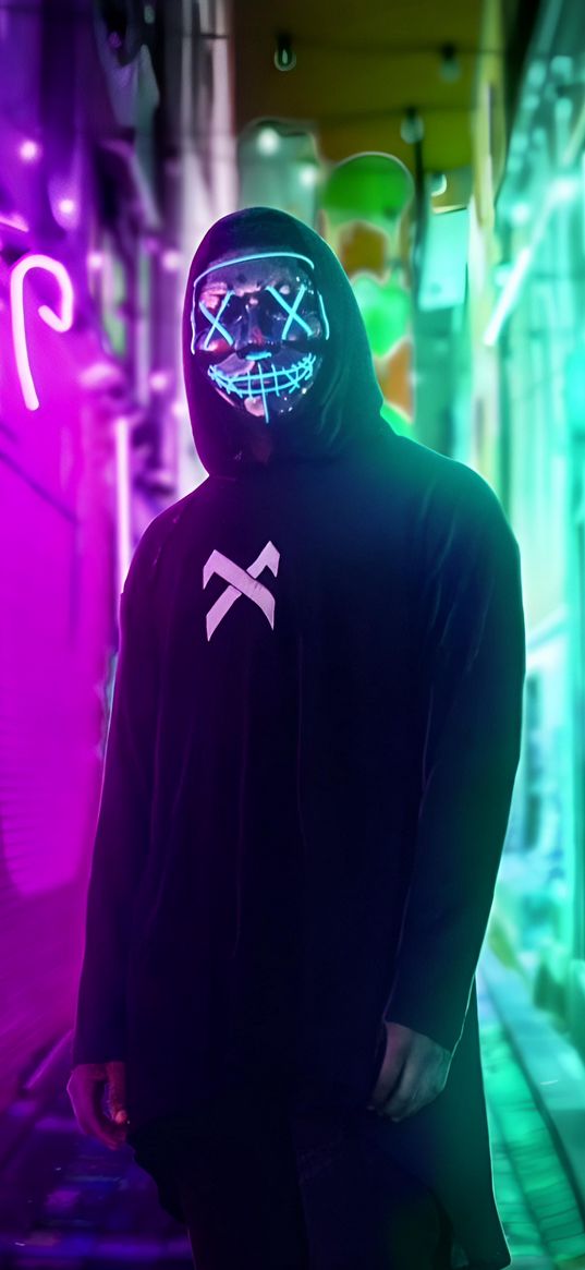 man, mask, crosses, neon, glow, city, street