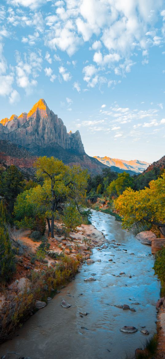 river, trees, plants, mountains, blue sky, clouds, nature