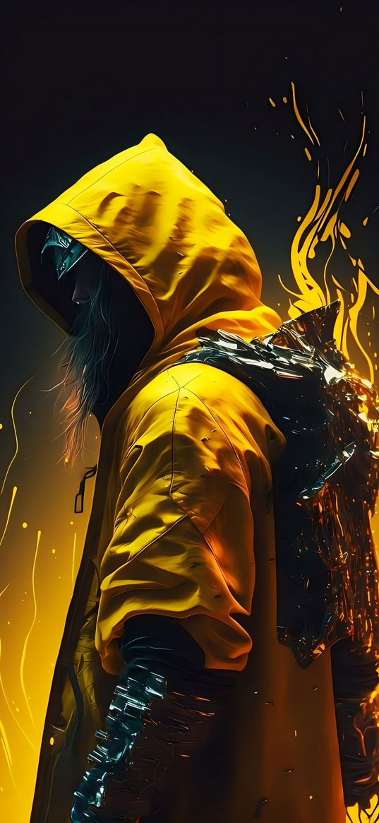 man, hood, jacket, cyborg, yellow