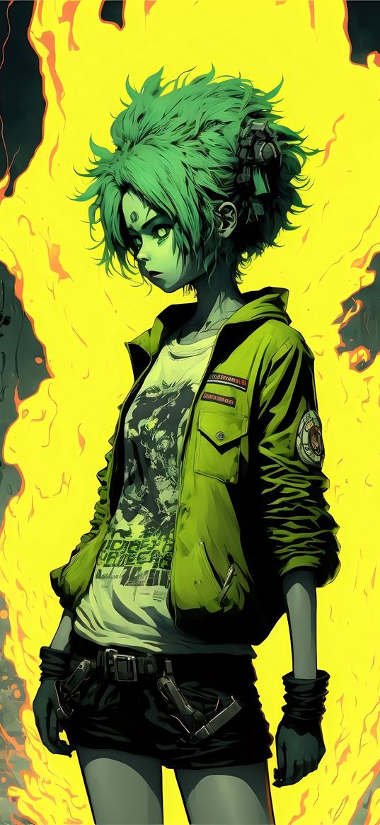 girl, jacket, city, fire, ruins, art