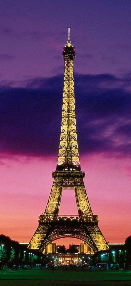 eiffel tower, paris, city, sunset, clouds, pink, blue