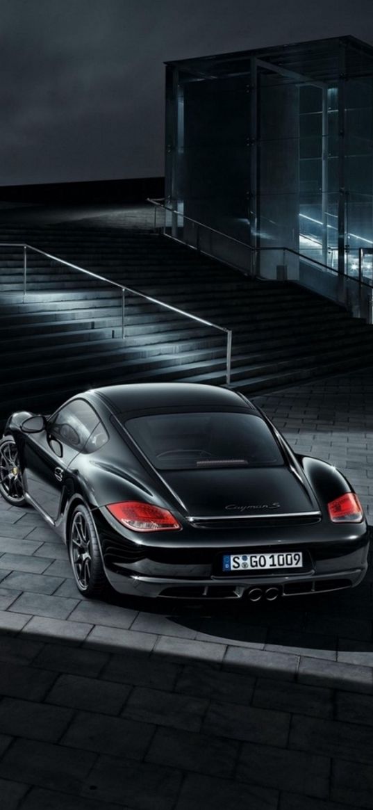 porsche cayman s, porsche, black, staircase, house