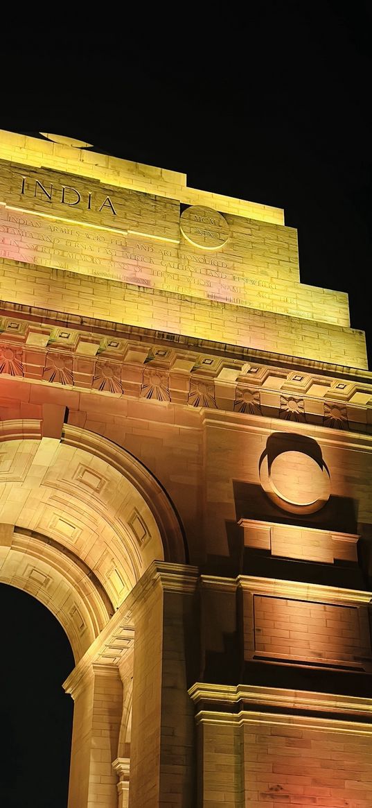 india, gate, inscription, illumination, night