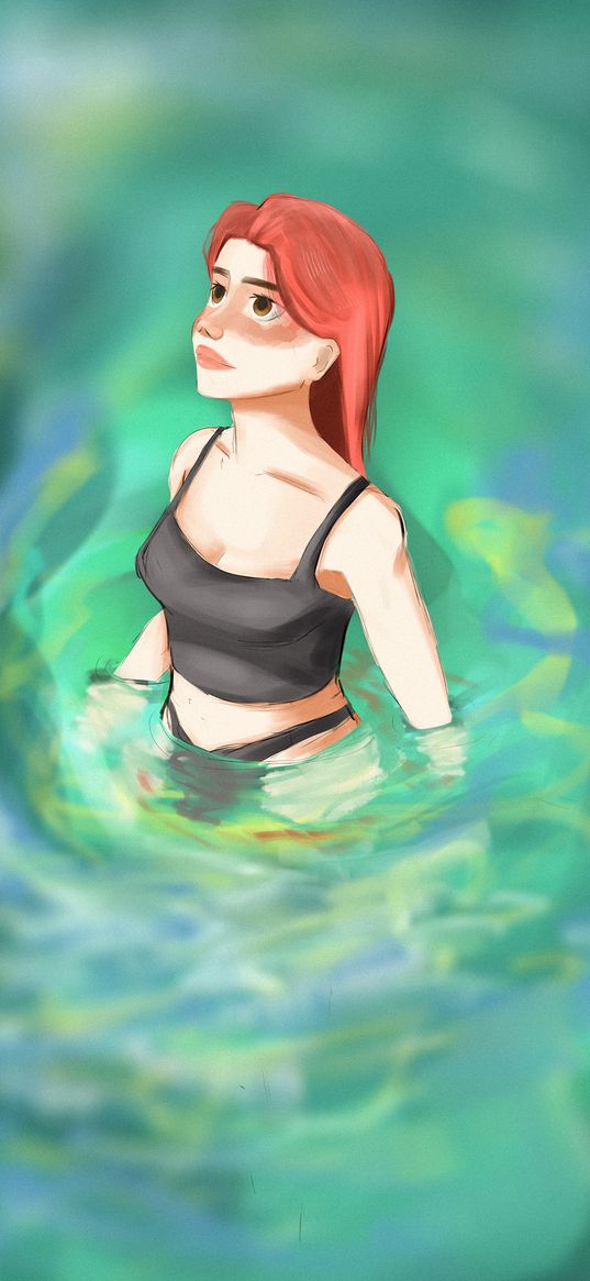 water, girl, red hair, summer, sea