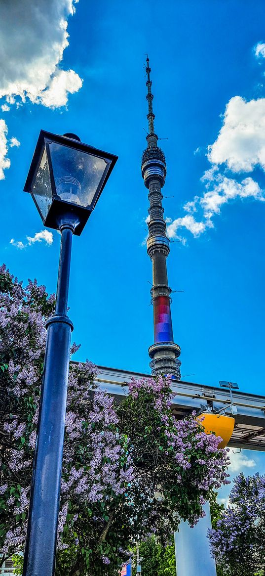 ostankino, lantern, summer, sky, lilac