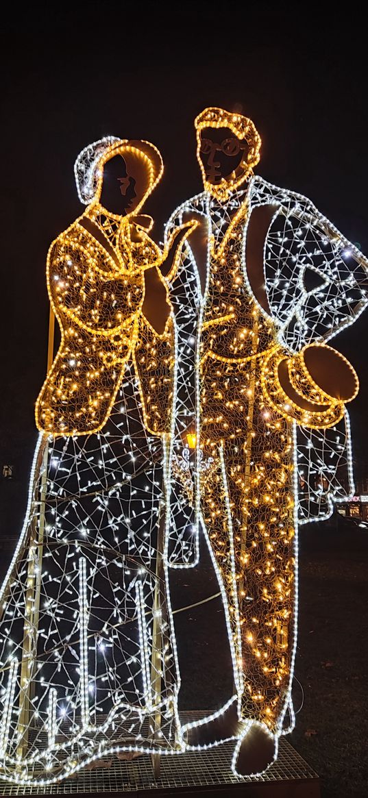 park, sculpture, couple, lights, gdansk, poland