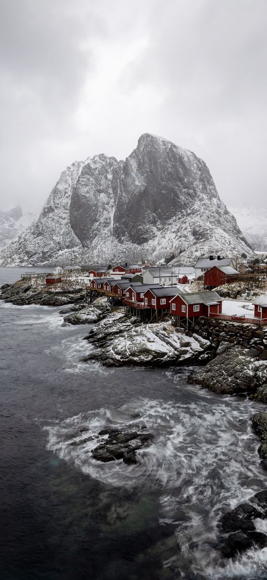 mountain, houses, sea, waves, shore