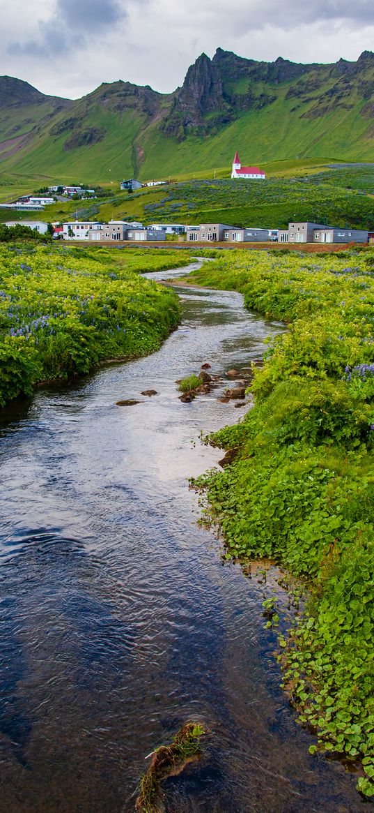 stream, meadow, flowers, houses, mountains, landscape