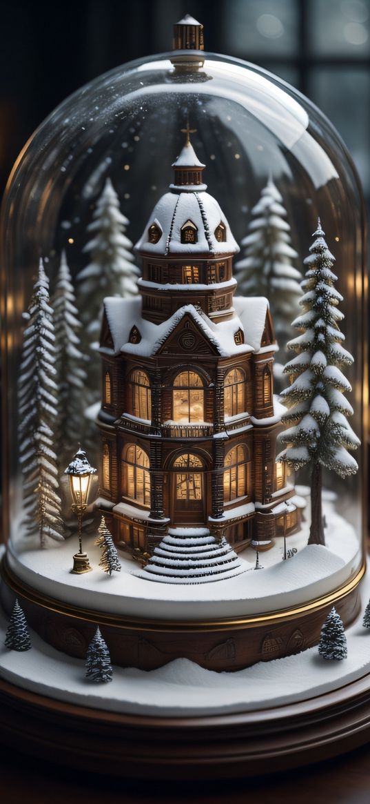 house, snow globe, trees, lantern, winter, light