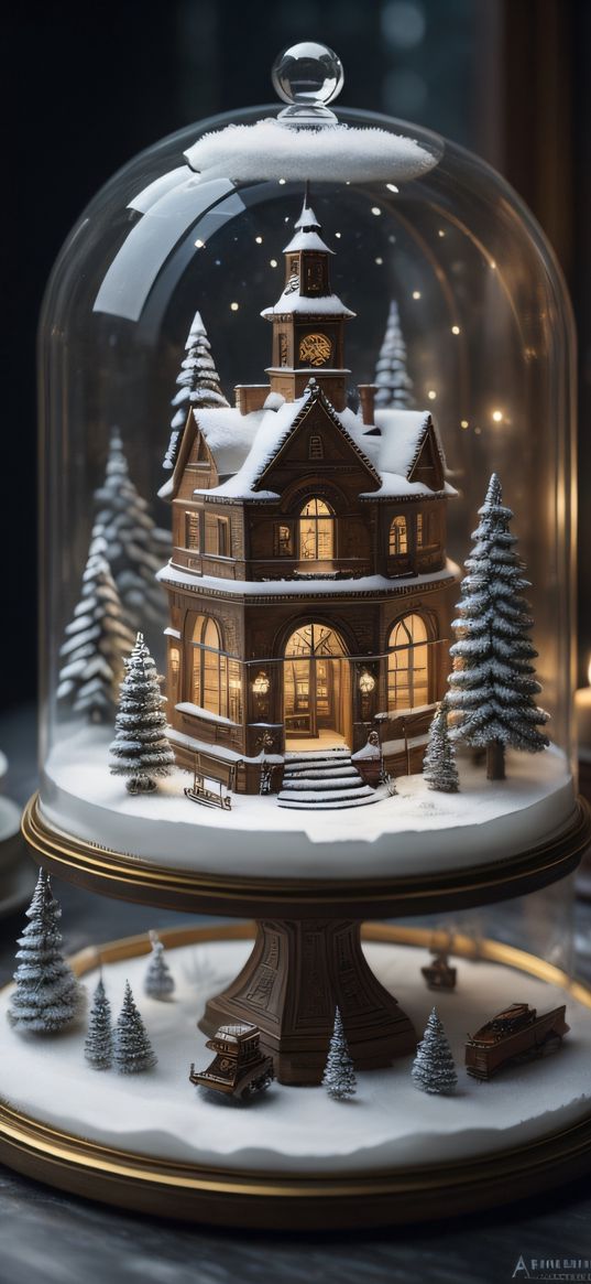 house, trees, tower, snow globe, glare