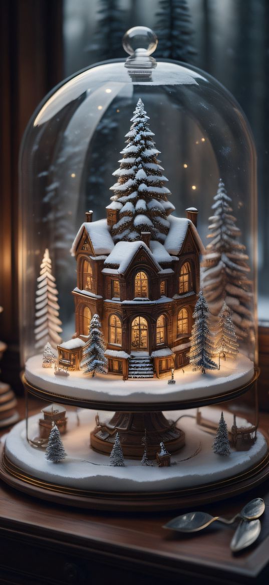 house, trees, christmas trees, snow globe, room, glare