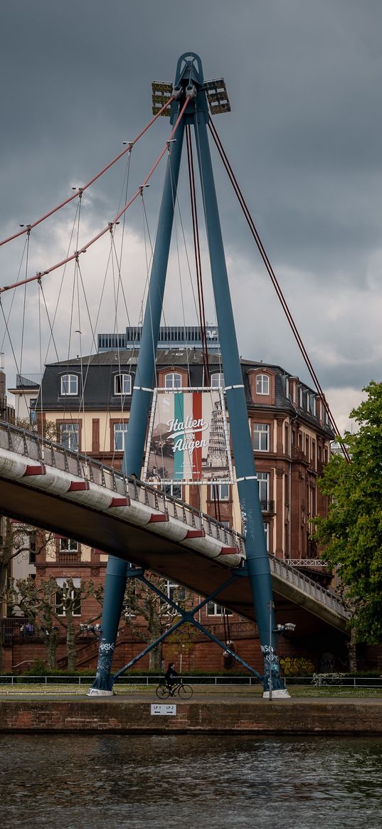 bridge, pilings, houses, river