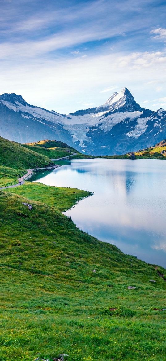 lake, mountains, valley, blue sky, clouds, landscape