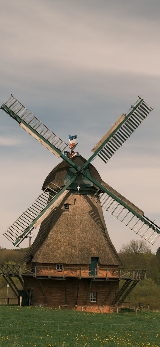 mill, field, grass, trees