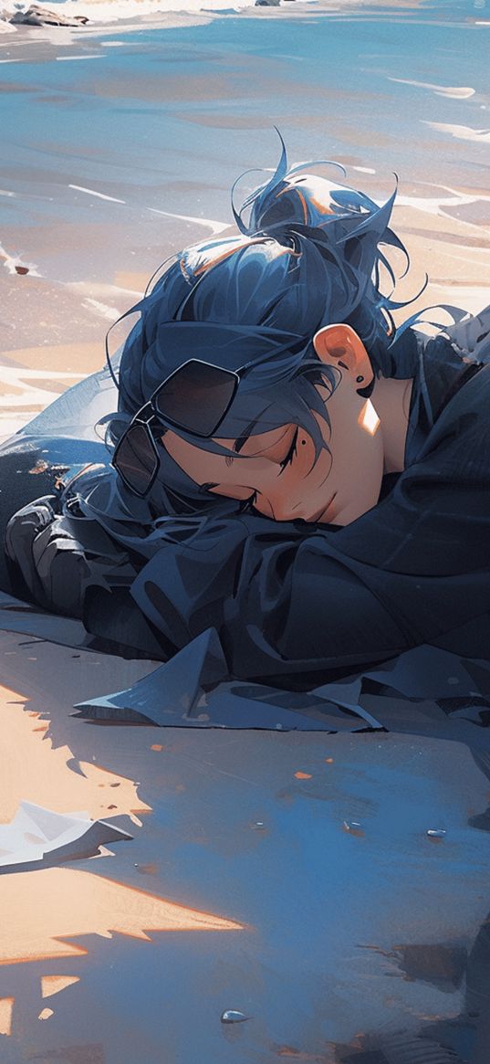 girl, beach, coast, sea, glasses, blue hair, sleep, art