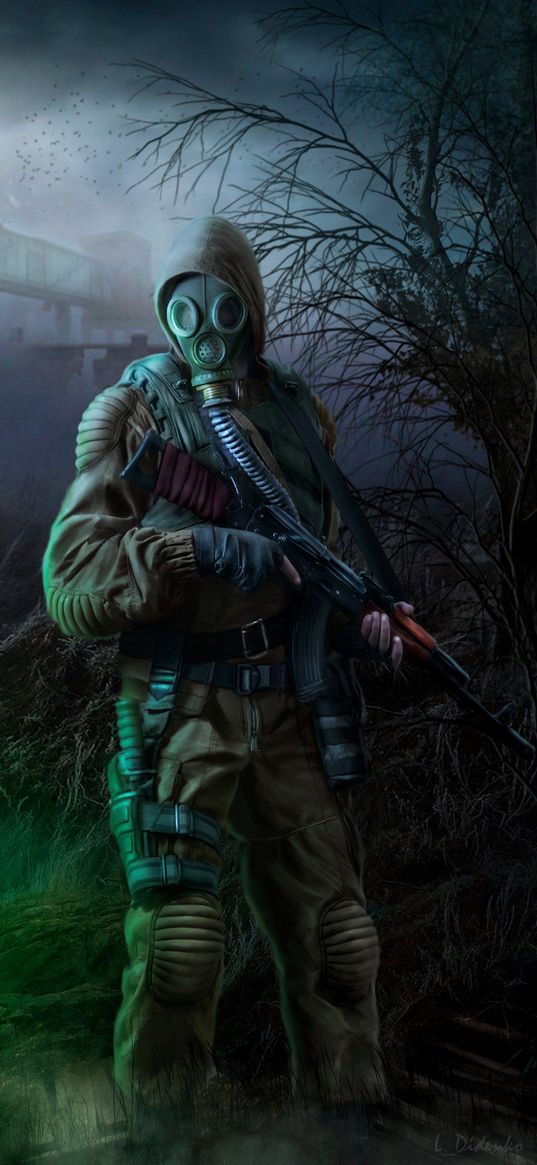 man, stalker, weapon, gas mask, swamp