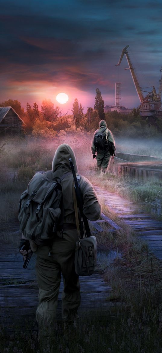 stalker, people, weapons, bags, village, sunset