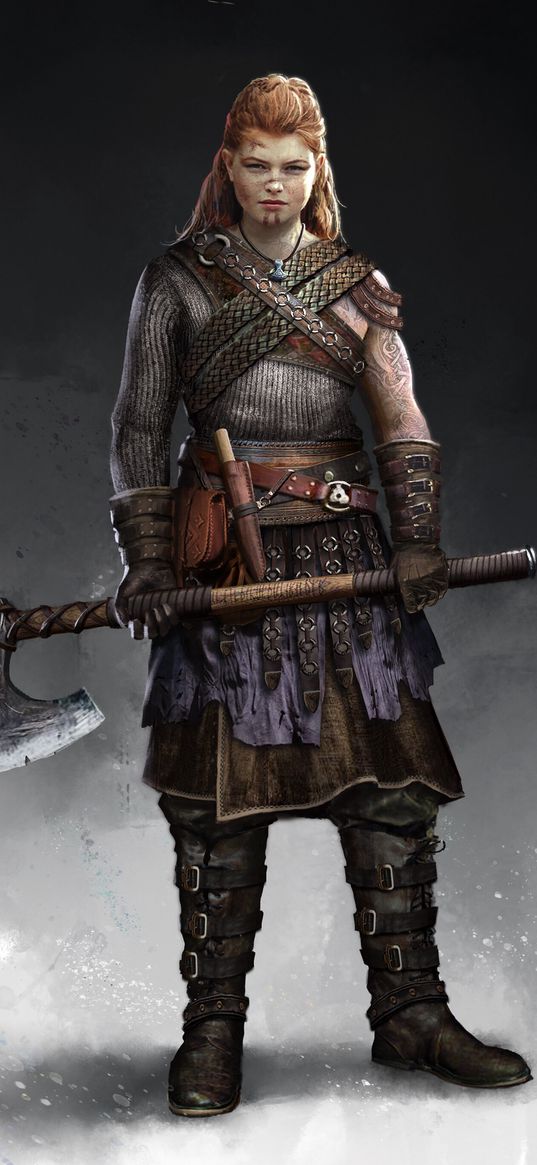 girl, viking, axe, tattoo, red hair, concept art