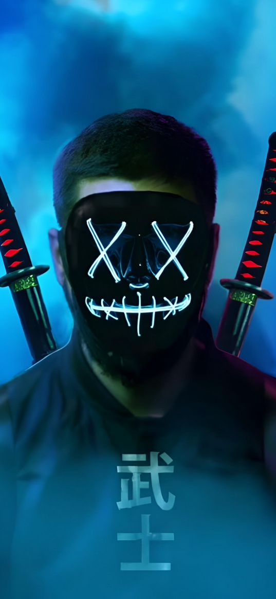 man, mask, crosses, neon, glow, katana, white, blue