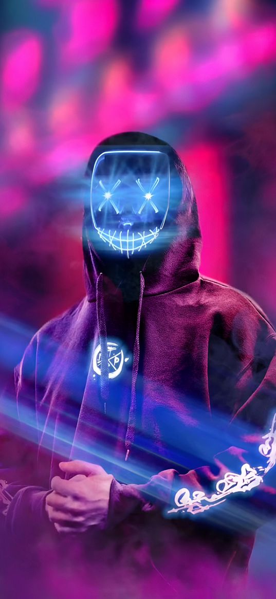 guy, mask, crosses, glow, jacket, blue