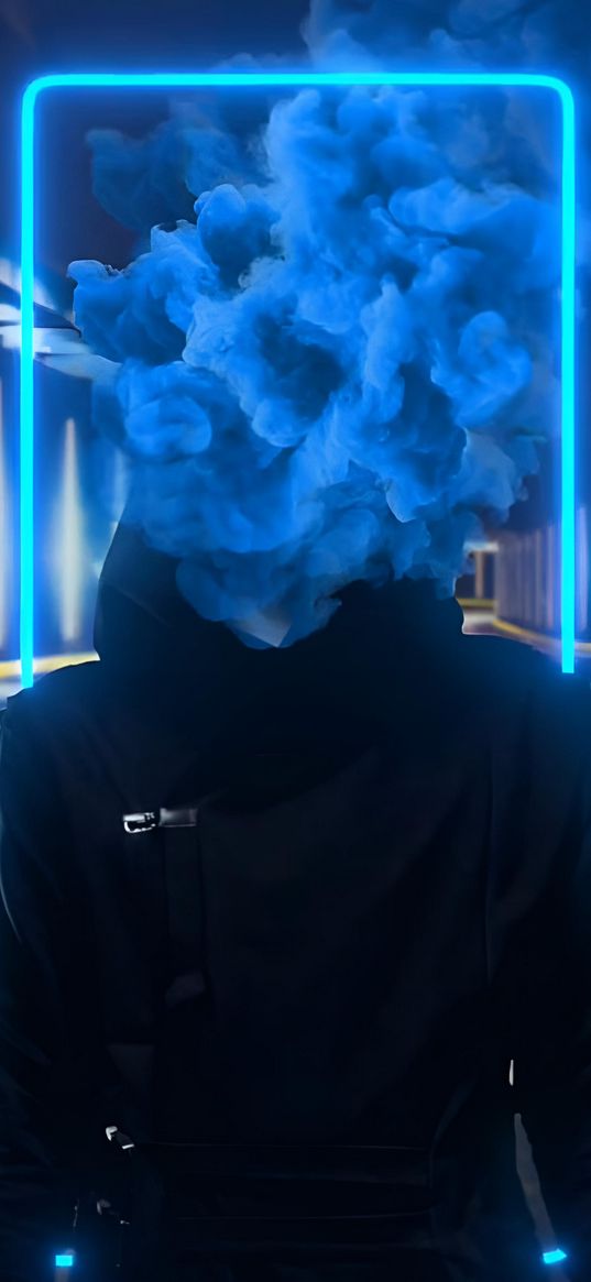 man, smoke, jacket, frame, neon, blue