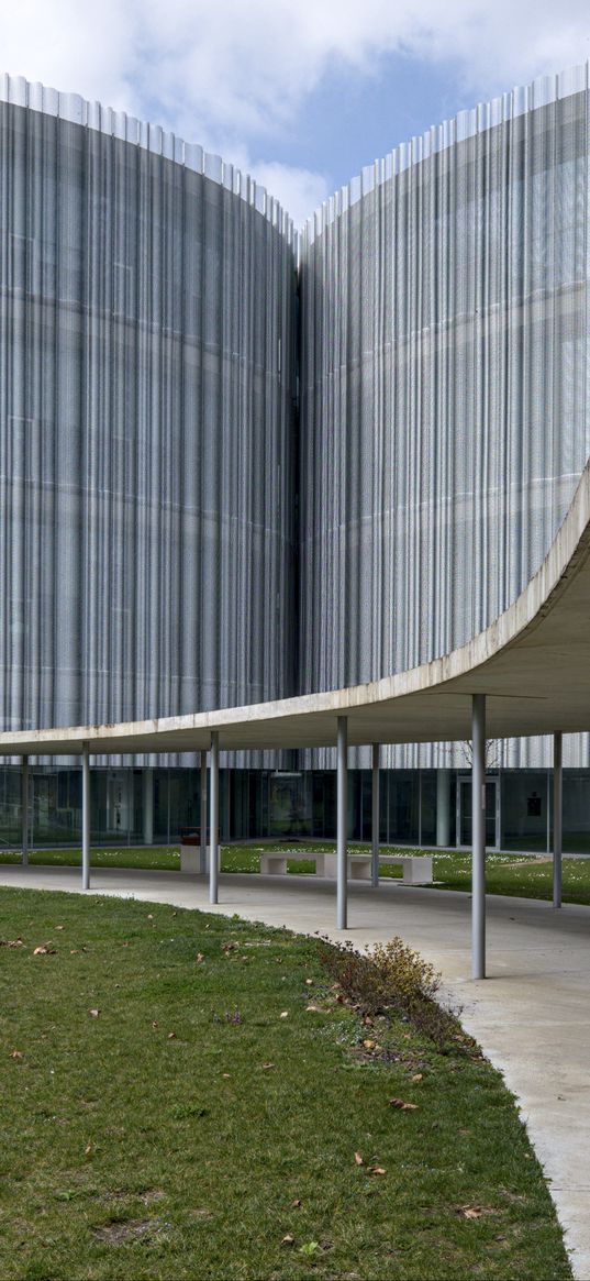 building, facade, roof, pillars, road, architecture