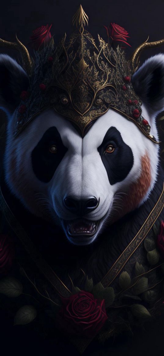 panda, animal, crown, wreath, art