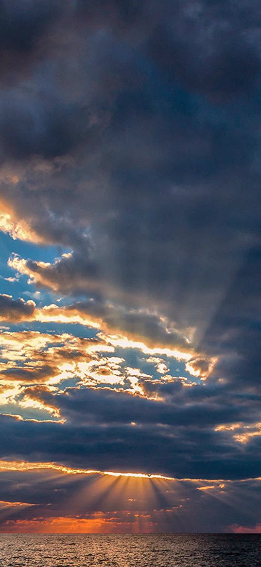 sunset, clouds, sea, sun rays