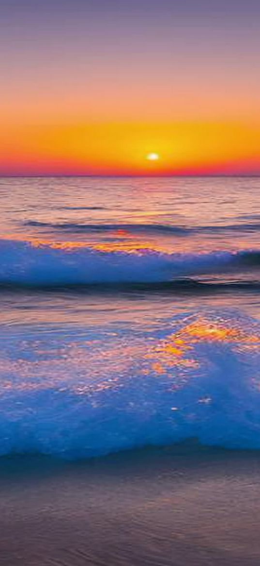 sunset on the beach, sky, sea, waves, foam