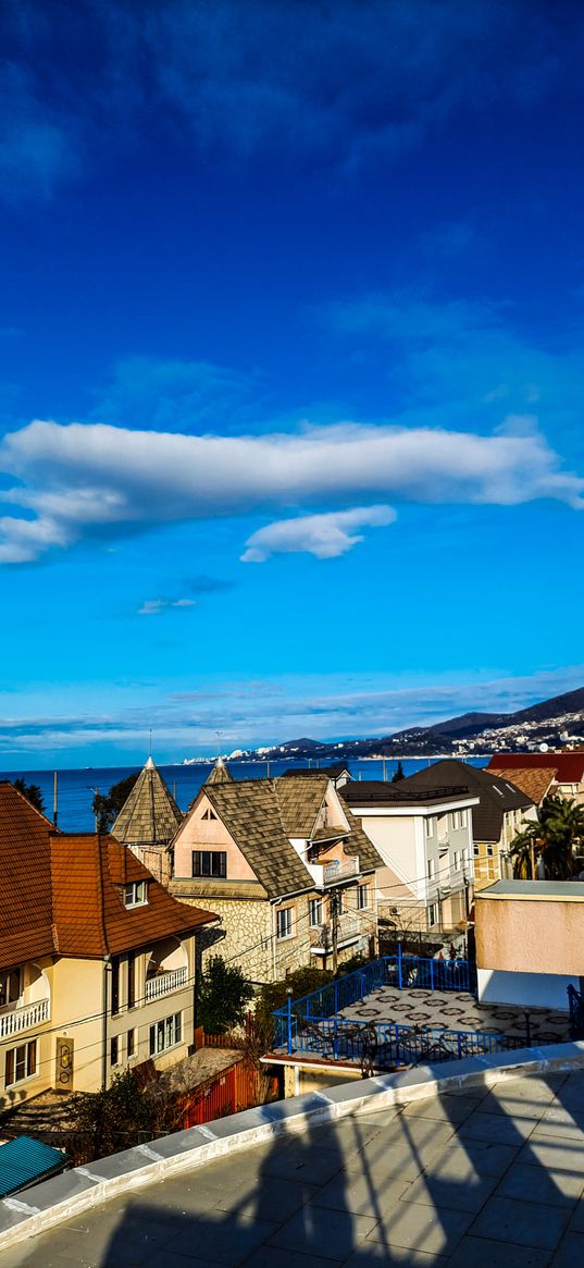 sky, sea, clouds, houses, city