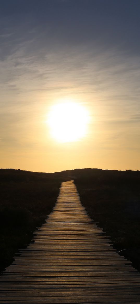 sunset, trail, track, sun, sky, landscape