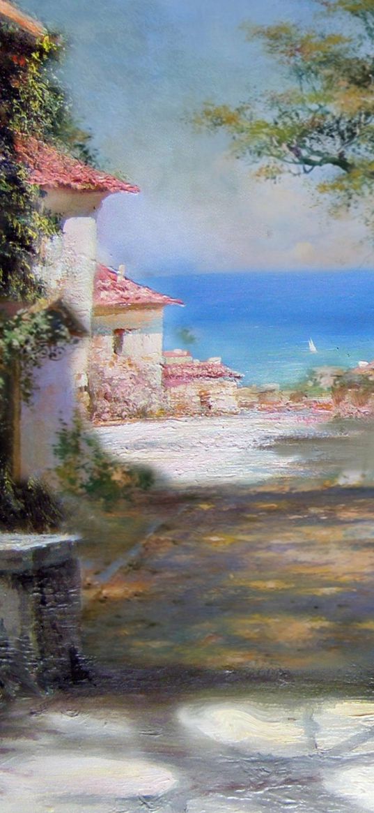 painting, sea, village, sky, artistic