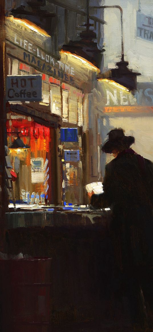 painting, station, coffe, bar, art, men, lights