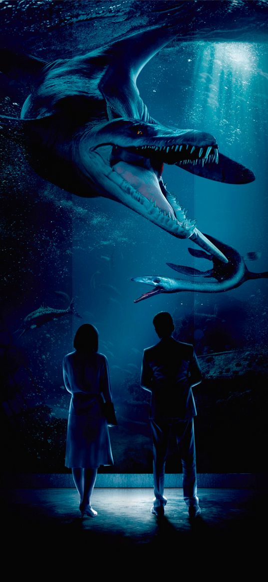 jurassic world, movie, dinosaurs, aquarium, couple, date, blue, dark, art